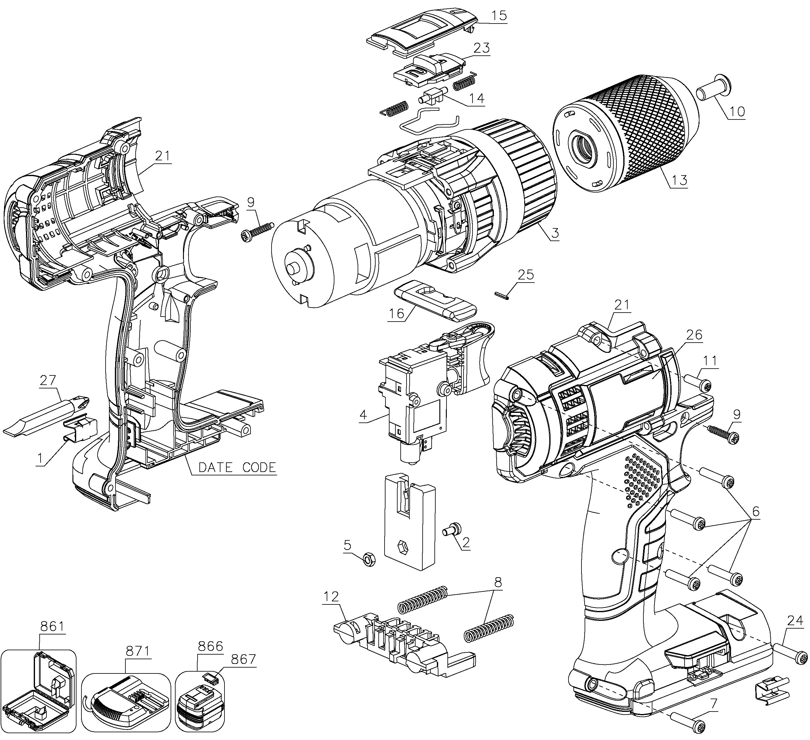 Default Diagram and Parts List for PC1800CHD Type 1 Porter Cable Boring Machine